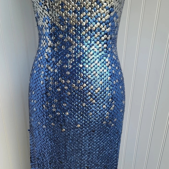 Cache Womens Sequin Blue Silver Maxi Formal Dress Prom Queen Slit Open Back Sz 4 - Picture 8 of 16